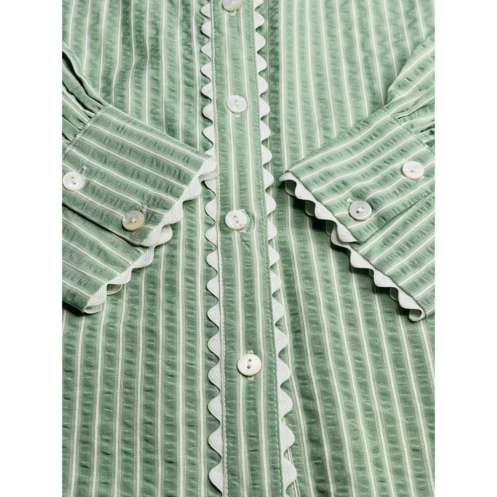 Entro sage green striped blouse L scalloped collar button front cotton blend - Picture 12 of 15